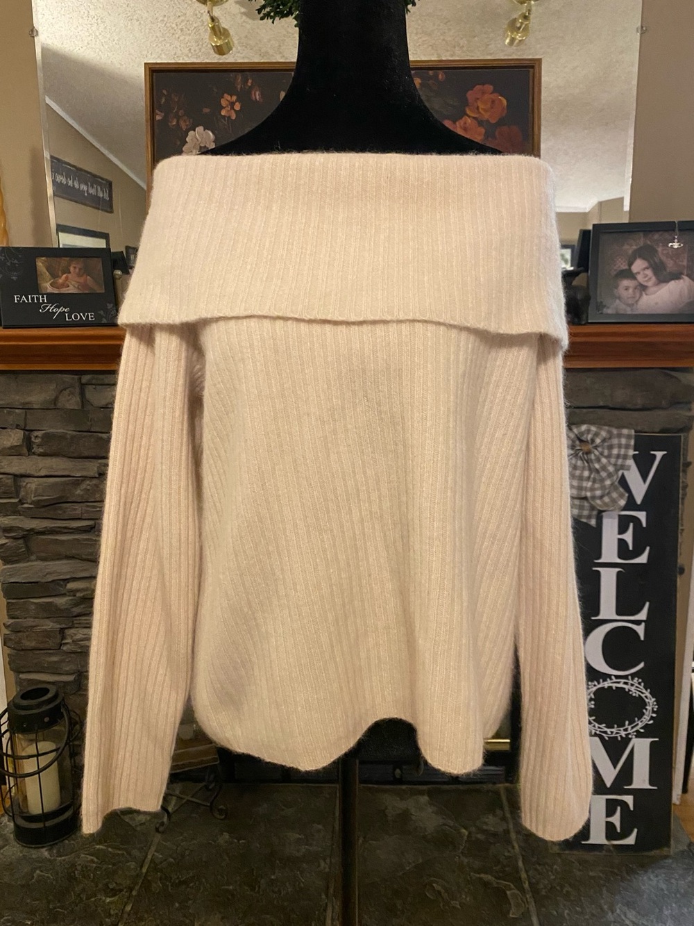 Lauren Ralph Lauren Off-the-Shoulder Ribbed Angora Blend Sweater in Cream
